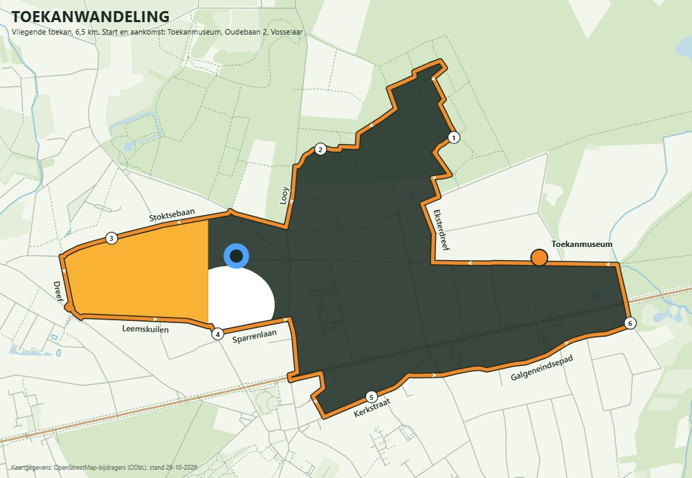 Kaart van de wandeling in de vorm van een vliegende toekan