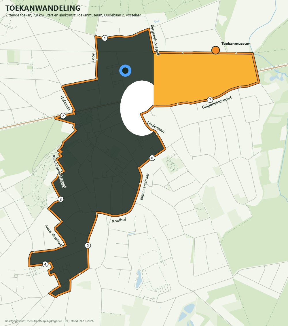 Kaart van de wandeling in de vorm van een zittende toekan